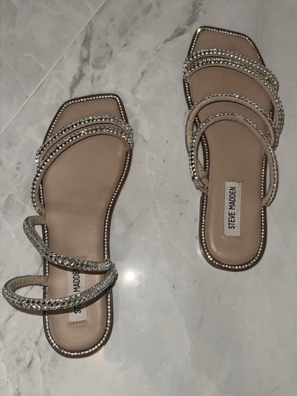 Steve Madden Beige Rhinestone Strappy Slide Sandals